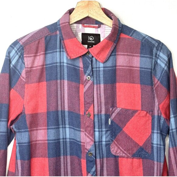 TenTree Womens Button Up Flannel Shirt Long Sleeve Red Blue Plaid Size Medium - Picture 3 of 15